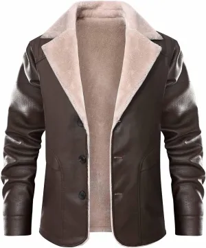 Mens Leather Jacket Fleece Lined Motorcycle Jacket Button Down Faux Leather Jacket Notch Lapel Coat Warm Winter Jacket