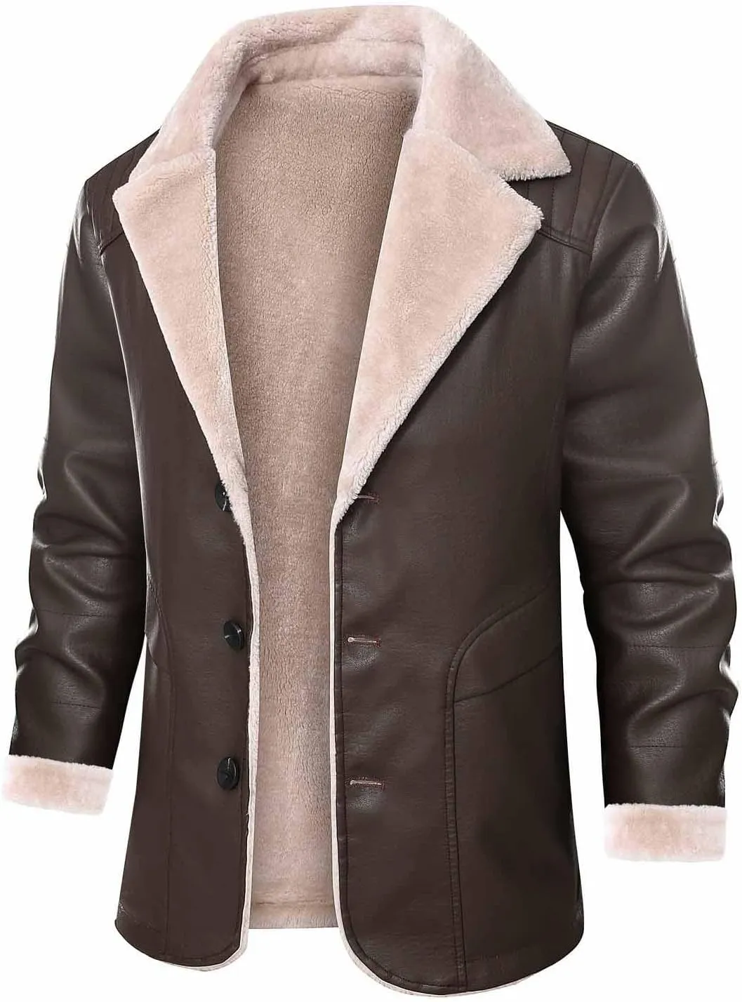 Mens Leather Jacket Fleece Lined Motorcycle Jacket Button Down Faux Leather Jacket Notch Lapel Coat Warm Winter Jacket