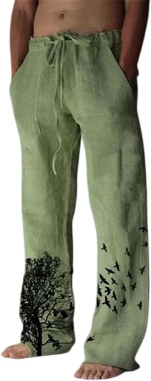 Mens Linen Pants Yoga Beach Pant Loose Fit Casual Summer Elastic Waist Drawstring Baggy Trousers with Birds for Men