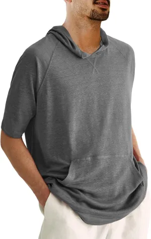 Men's Thin Hooded T Shirt Sweatshirts Short Sleeve Cool Solid Color Pullover Hoodies with Kangaroo Pockets