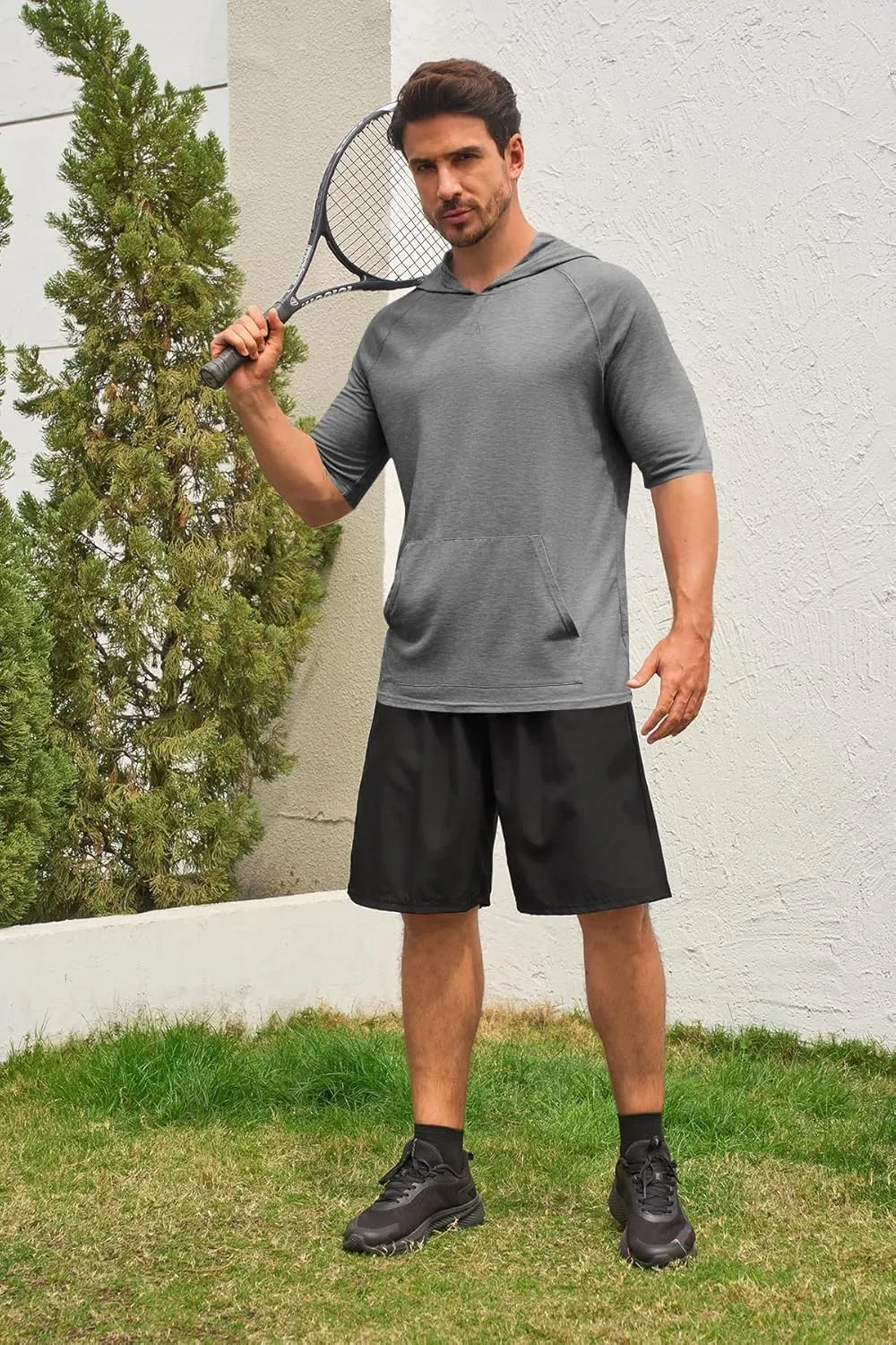 Men's Thin Hooded T Shirt Sweatshirts Short Sleeve Cool Solid Color Pullover Hoodies with Kangaroo Pockets