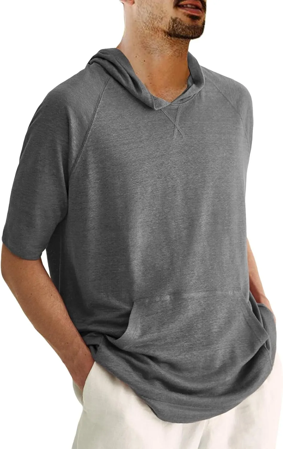 Men's Thin Hooded T Shirt Sweatshirts Short Sleeve Cool Solid Color Pullover Hoodies with Kangaroo Pockets