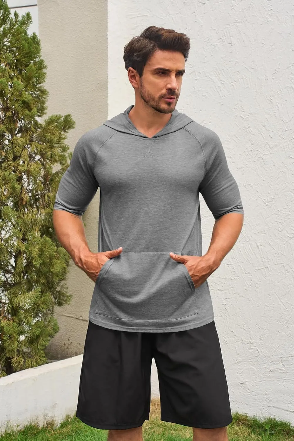Men's Thin Hooded T Shirt Sweatshirts Short Sleeve Cool Solid Color Pullover Hoodies with Kangaroo Pockets