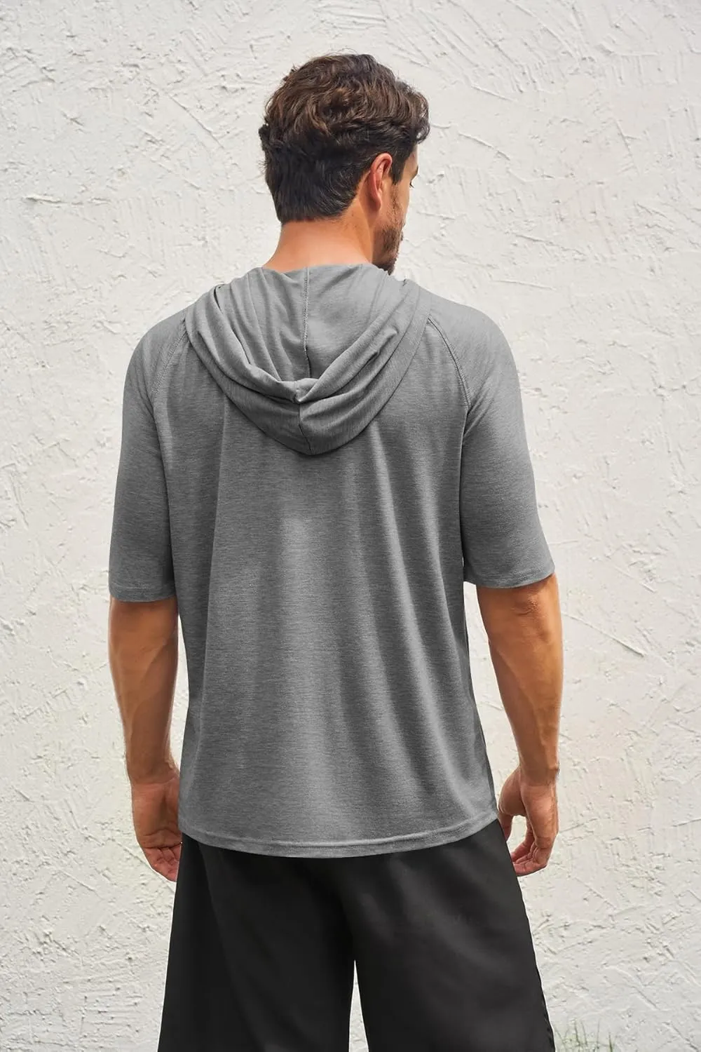 Men's Thin Hooded T Shirt Sweatshirts Short Sleeve Cool Solid Color Pullover Hoodies with Kangaroo Pockets