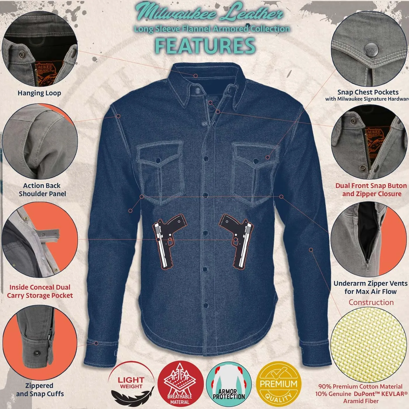 Milwaukee Leather Men's Long Sleeve Flannel Biker Shirts w/CE Armor - Reinforced w/Aramid Fibers