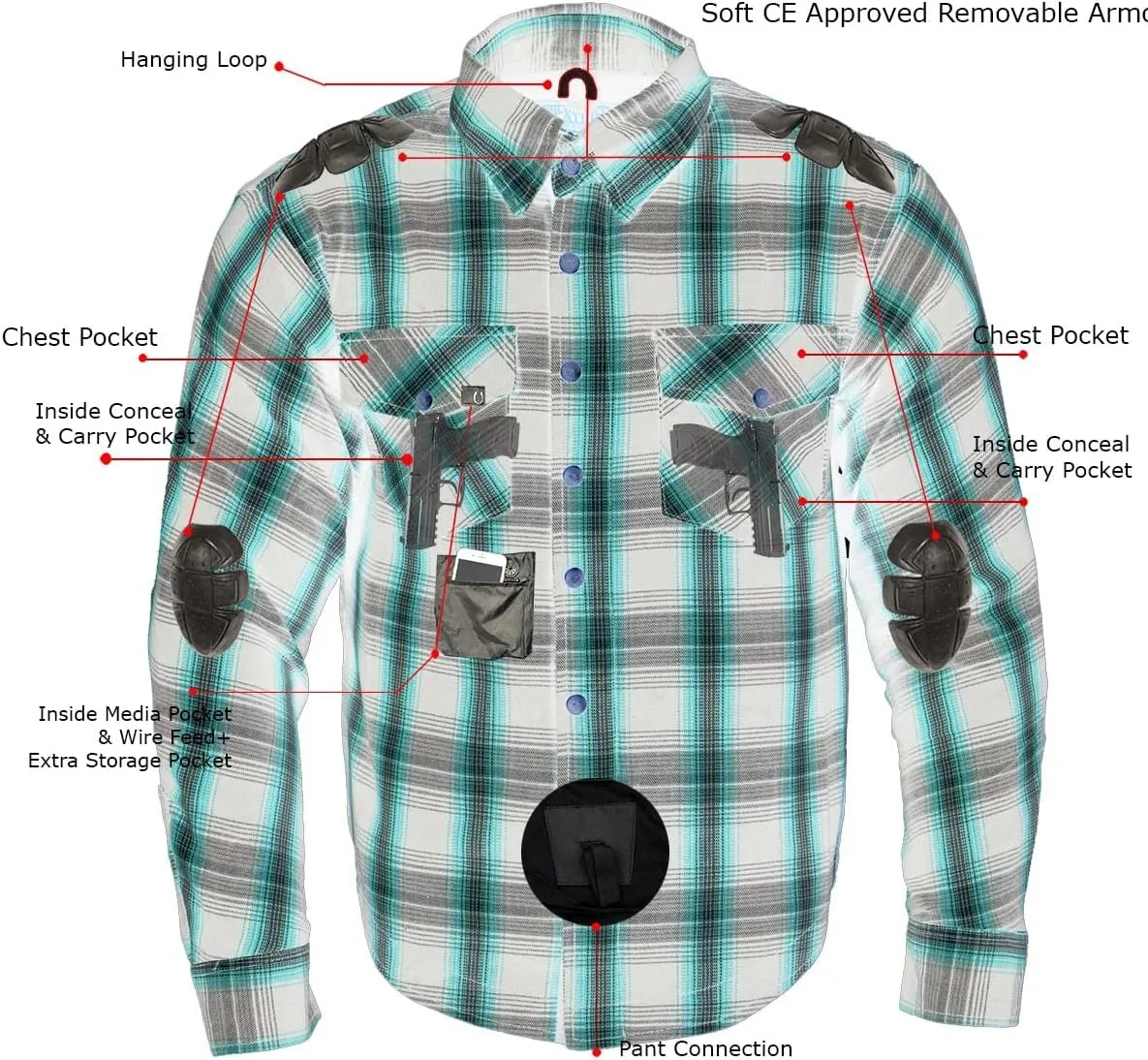 Milwaukee Leather Men's Long Sleeve Flannel Biker Shirts w/CE Armor - Reinforced w/Aramid Fibers