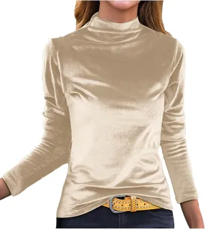 Mock Neck Velvet Tops for Women Slim Fit Long Sleeve Shirts Dressy Casual Plain Velour T-Shirt Blouses
