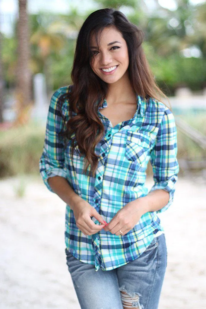 Navy And Mint Plaid Top