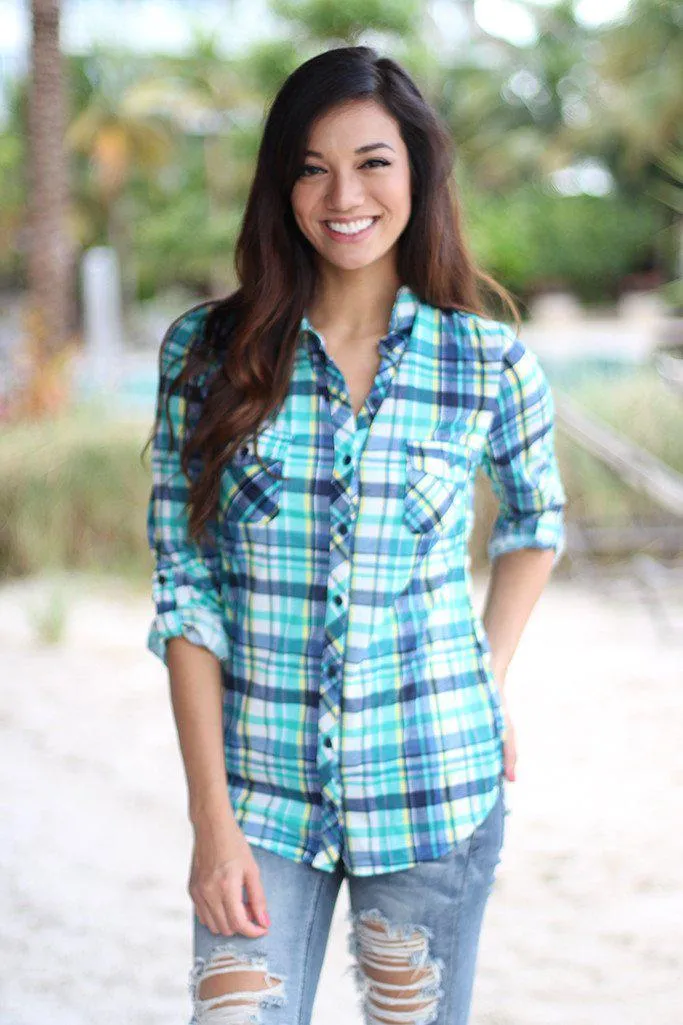 Navy And Mint Plaid Top