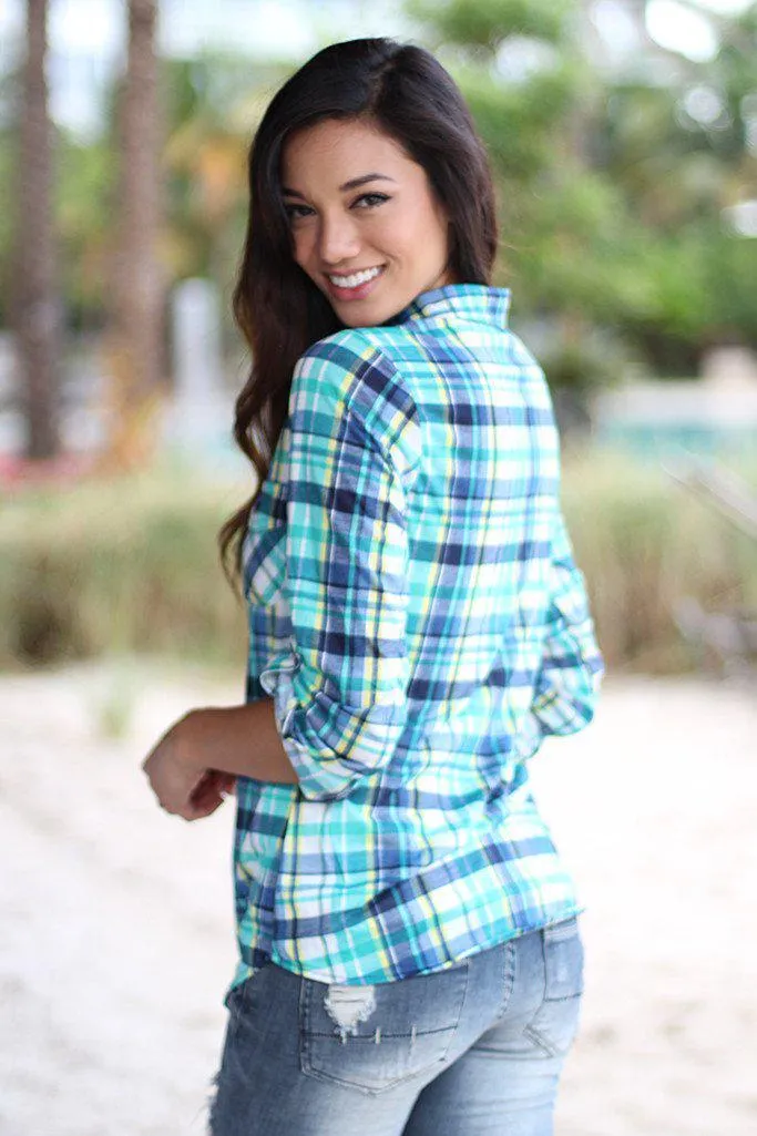 Navy And Mint Plaid Top