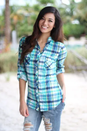Navy And Mint Plaid Top