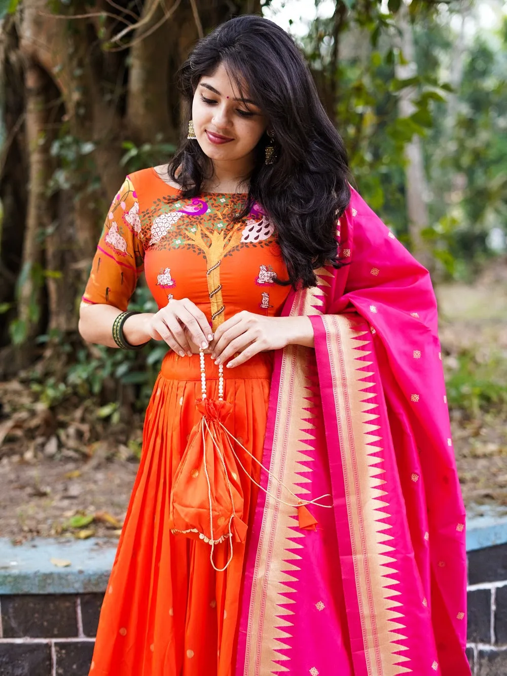 Orange Color Weaving Zari Work Silk Paithani Lehenga Choli