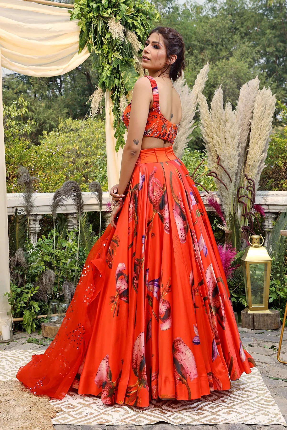 orange printed model satin lehenga set