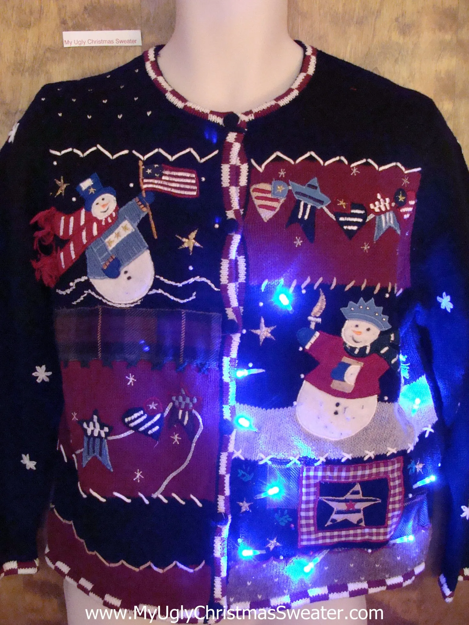 Patriotic Snowmen Light Up Ugly Xmas Sweater