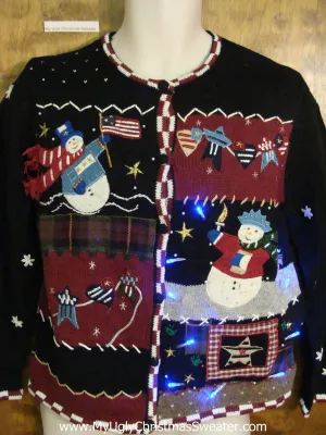 Patriotic Snowmen Light Up Ugly Xmas Sweater