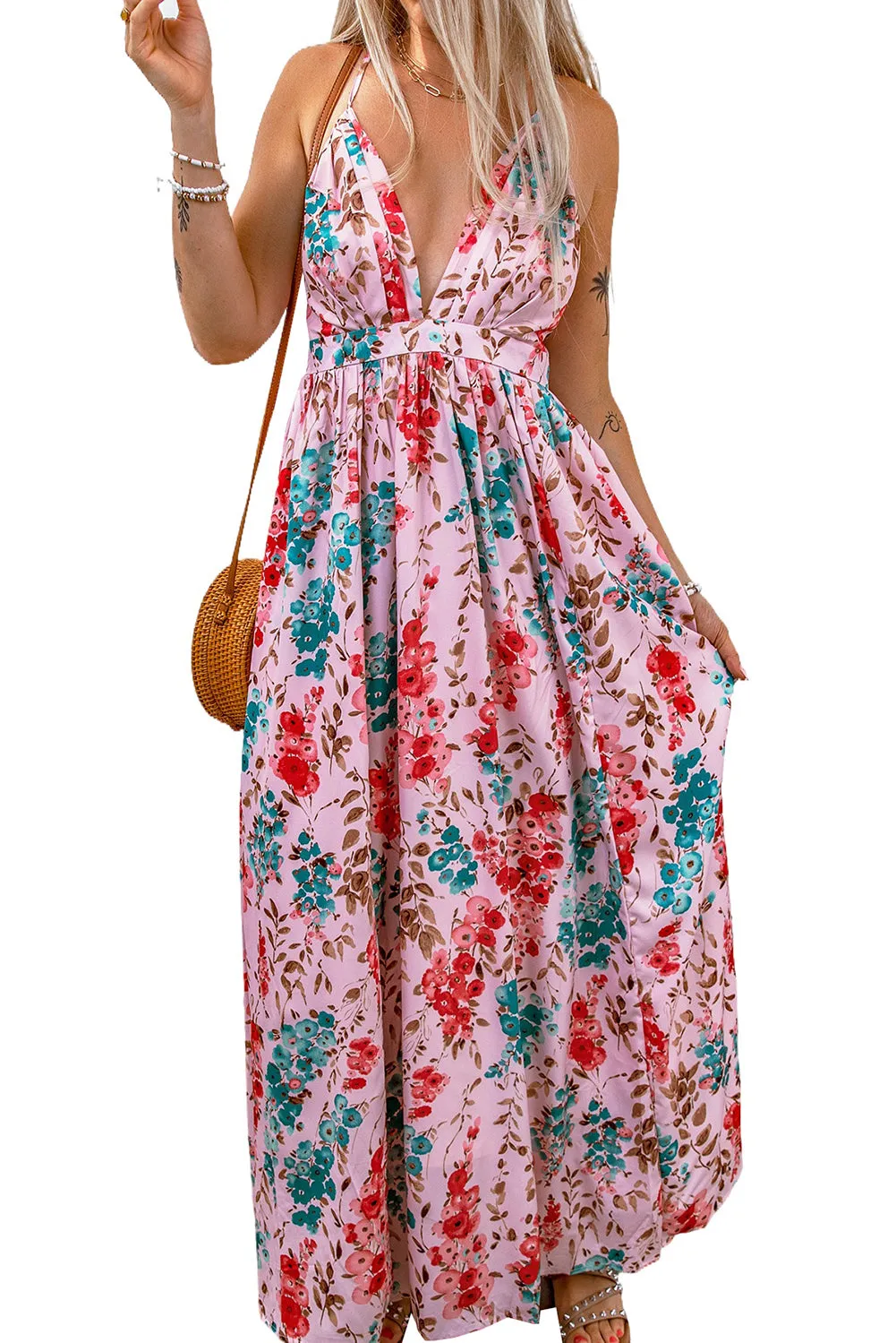 Pink Sling V-Neck Backless Boho Floral Maxi Dress