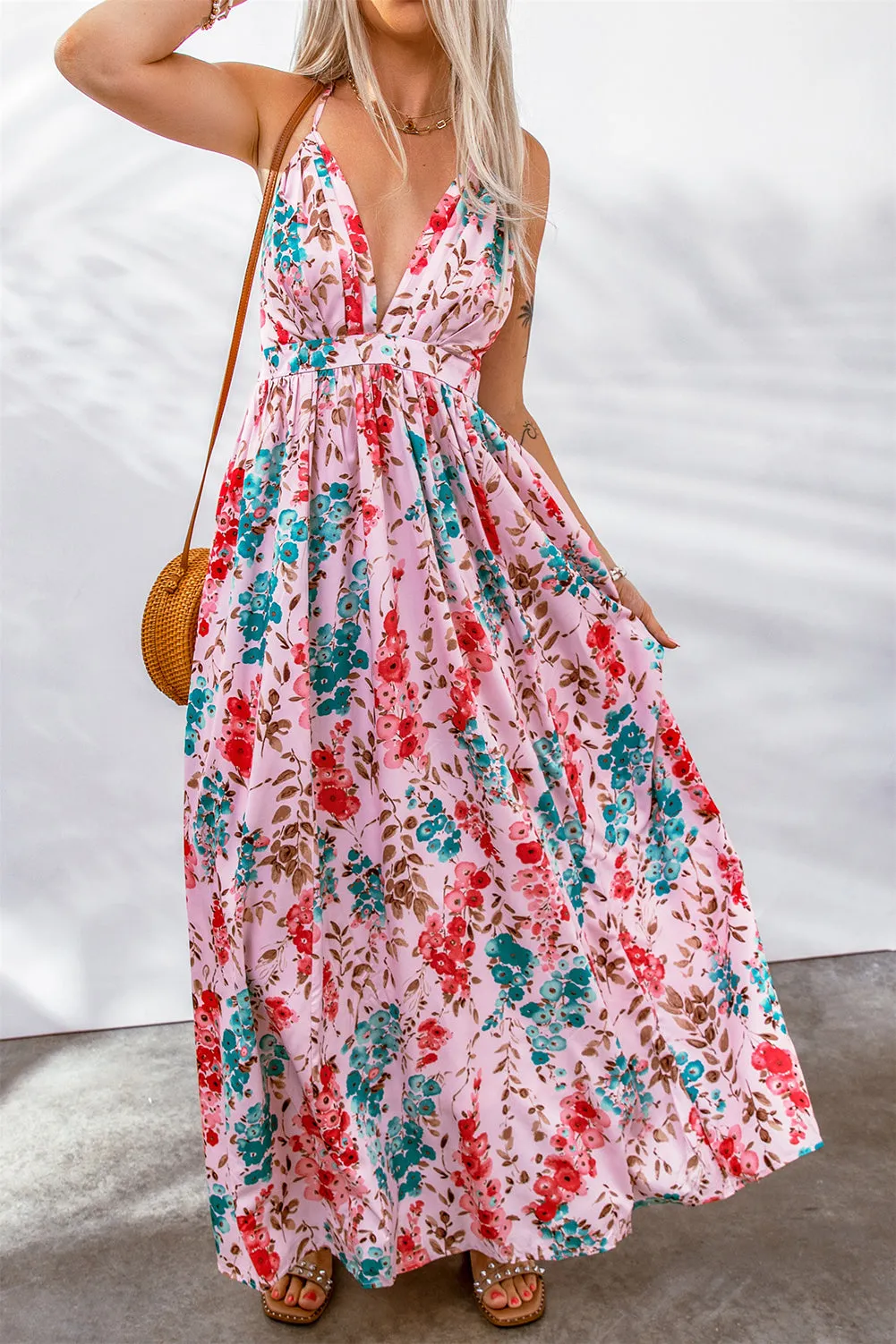 Pink Sling V-Neck Backless Boho Floral Maxi Dress