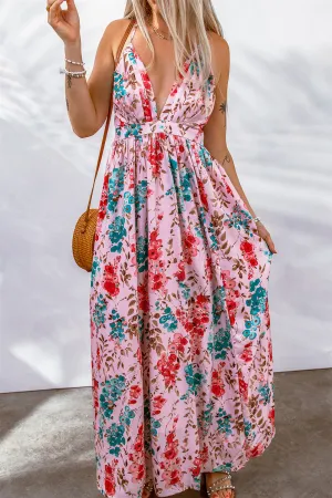 Pink Sling V-Neck Backless Boho Floral Maxi Dress