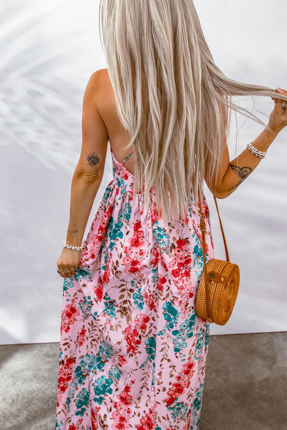 Pink Sling V-Neck Backless Boho Floral Maxi Dress
