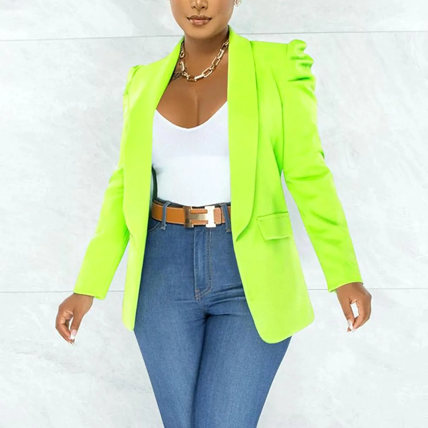 Puff Sleeve Blazers for Women 2023 Pad Shoulder Open Front Work Blazer Suit Business Solid Color Coats Office Jacket