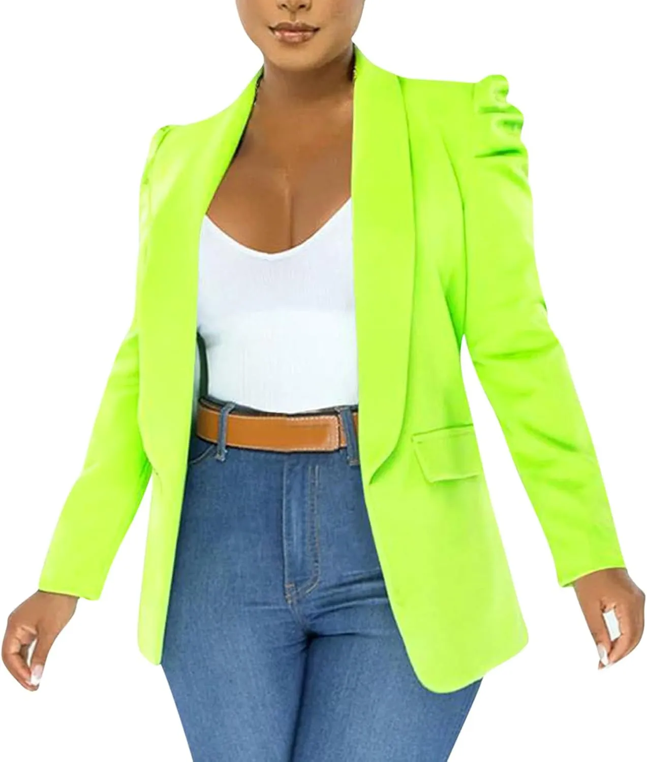 Puff Sleeve Blazers for Women 2023 Pad Shoulder Open Front Work Blazer Suit Business Solid Color Coats Office Jacket