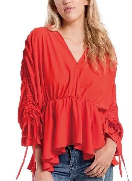 Ruched Sleeve V Blouse