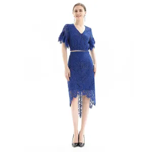 S075-3 Women foral lace asymmetric scallop hem midi party skirt