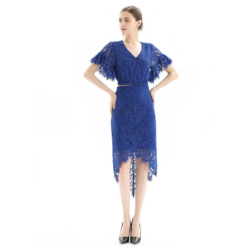 S075-3 Women foral lace asymmetric scallop hem midi party skirt