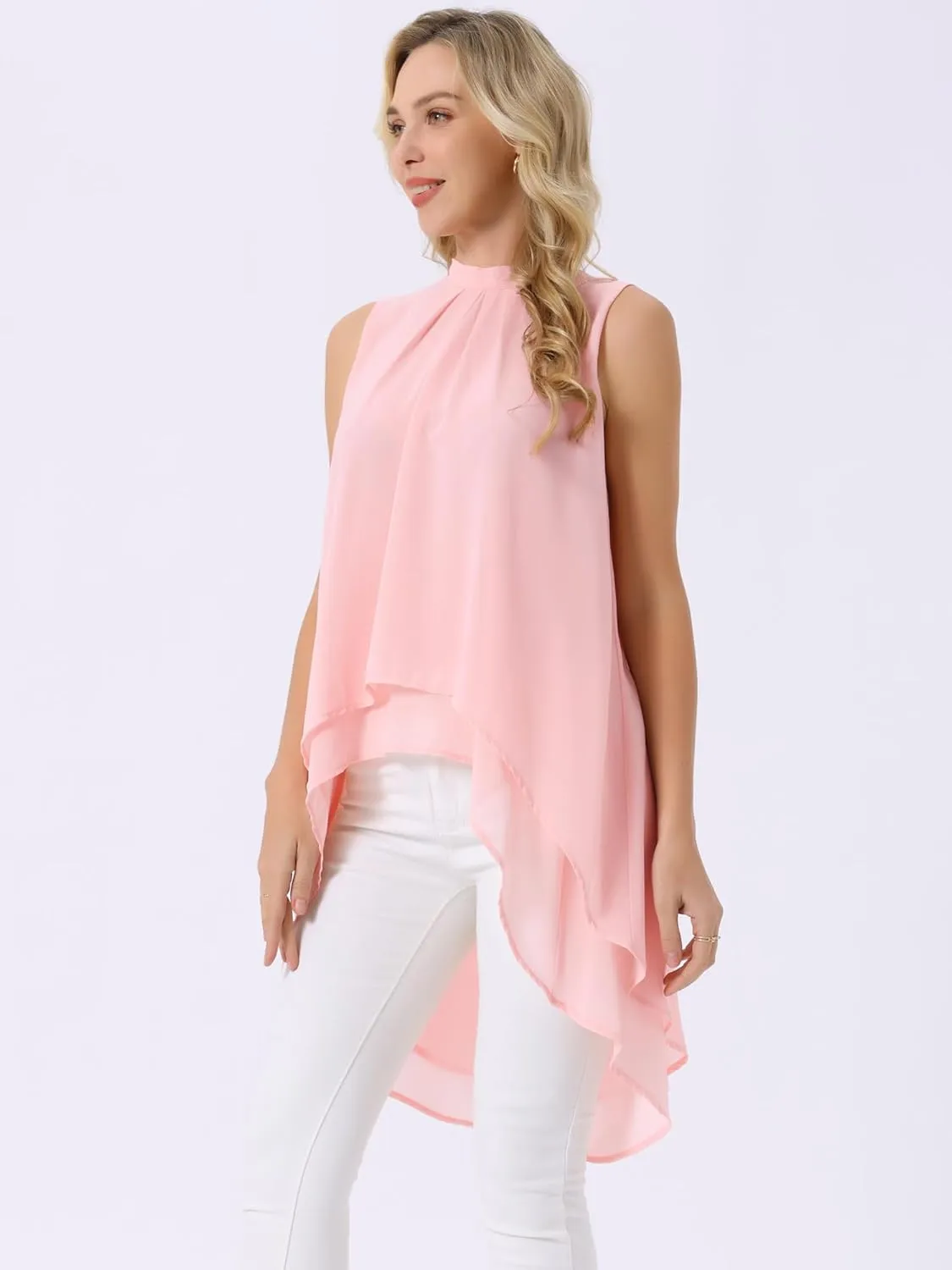Seta T Women's High Low Tops Mock Neck Chiffon Blouse Tie Back Asymmetrical Sleeveless Shirt Casual Summer Top