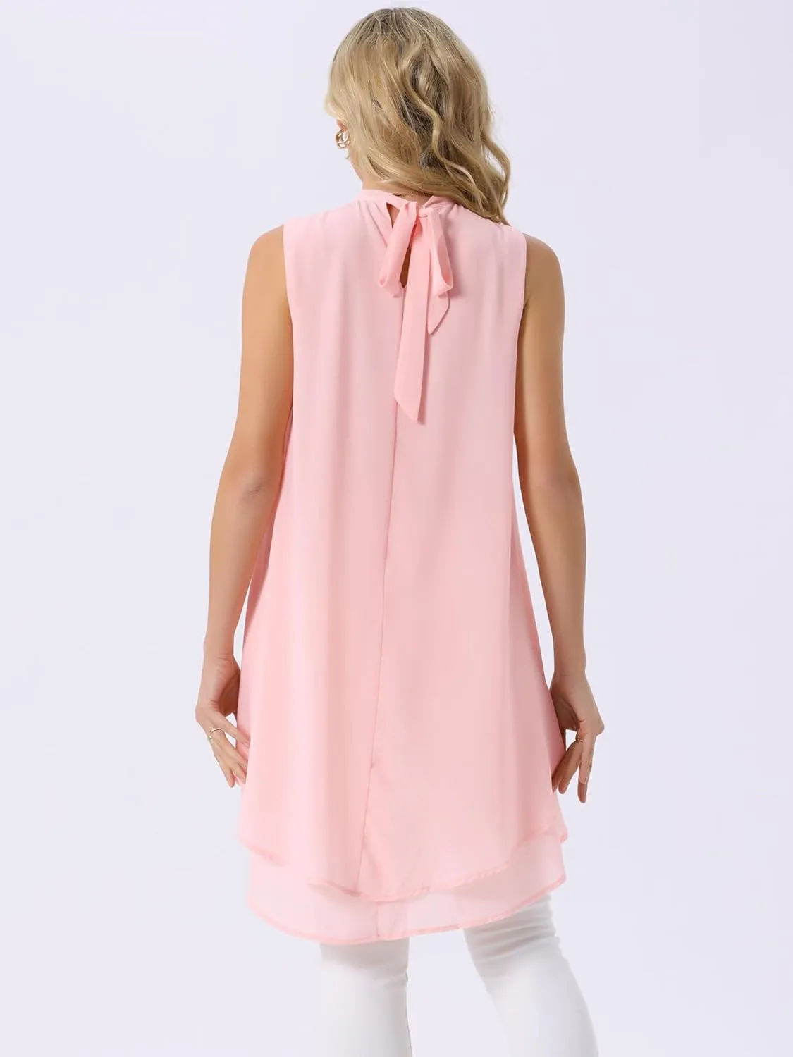 Seta T Women's High Low Tops Mock Neck Chiffon Blouse Tie Back Asymmetrical Sleeveless Shirt Casual Summer Top