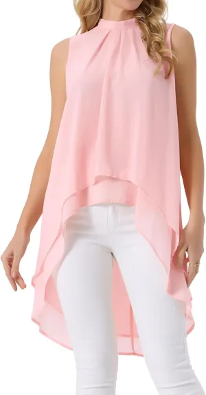 Seta T Women's High Low Tops Mock Neck Chiffon Blouse Tie Back Asymmetrical Sleeveless Shirt Casual Summer Top