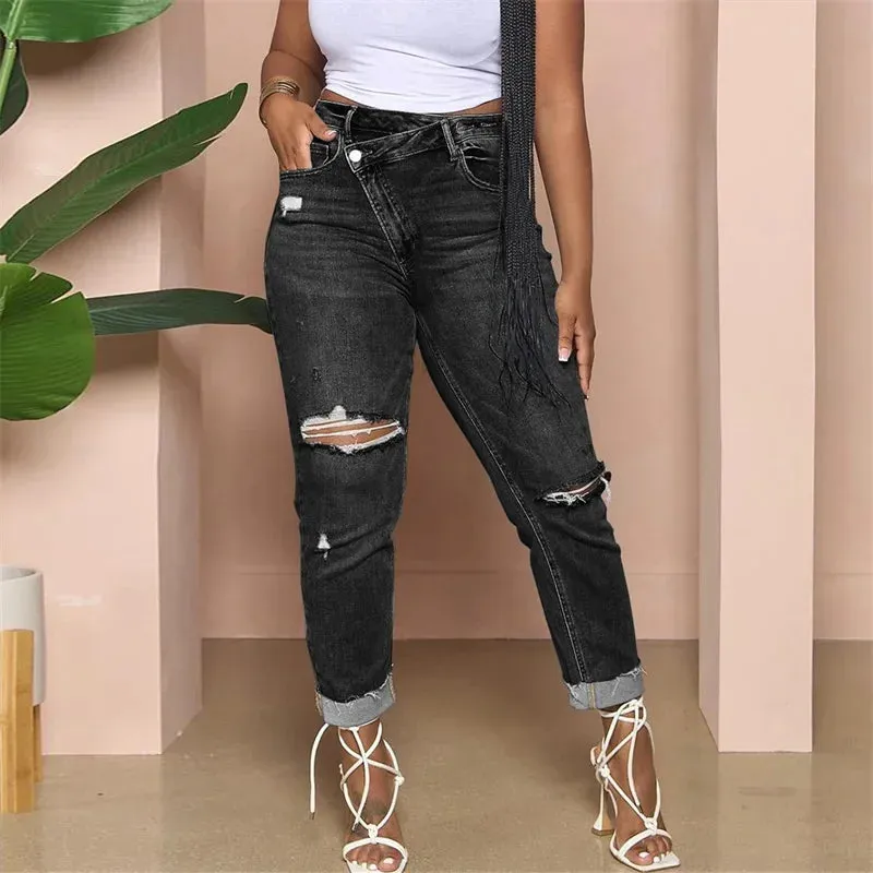Slant Waist Distressed Jeans