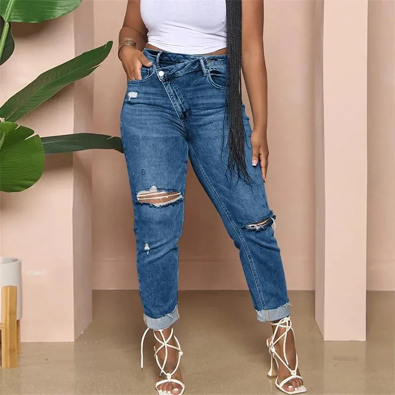Slant Waist Distressed Jeans