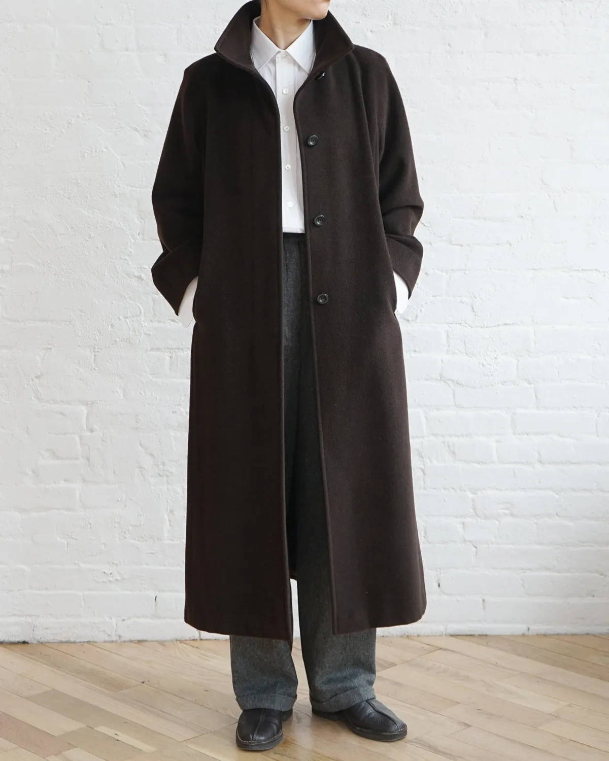 Stand Collar Fly Front Wool Long Coat