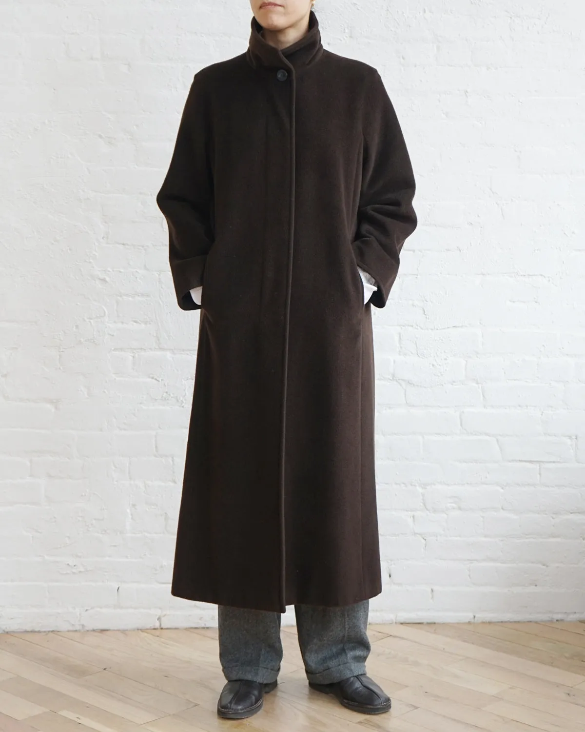 Stand Collar Fly Front Wool Long Coat