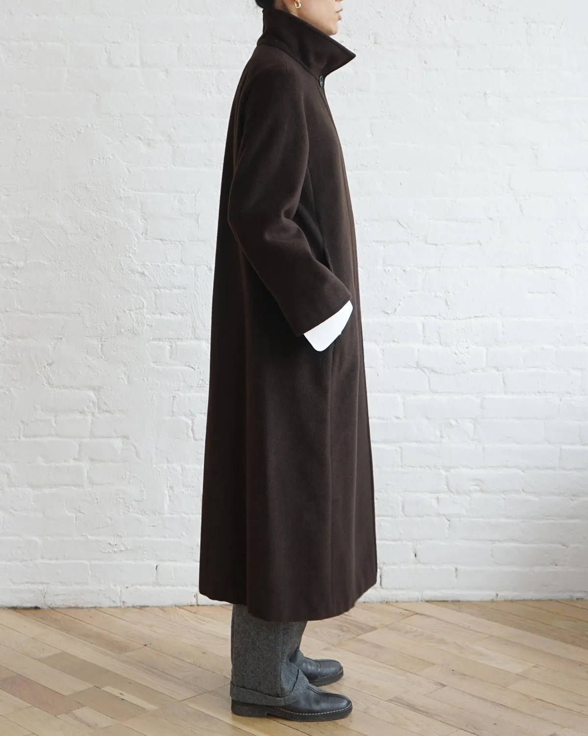 Stand Collar Fly Front Wool Long Coat