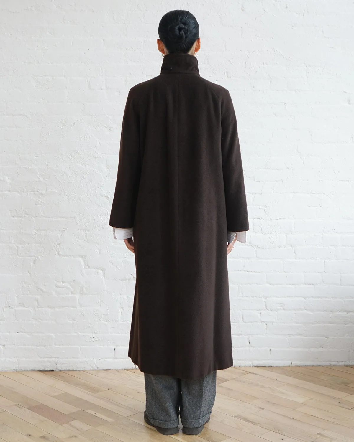 Stand Collar Fly Front Wool Long Coat