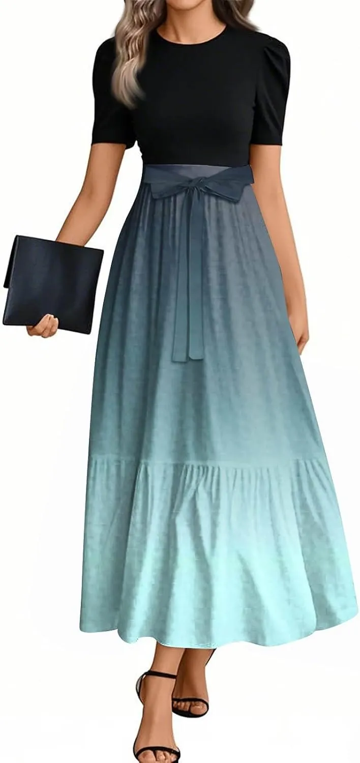 Summer Dresses for Women Tie Belted Elegant Dress Floral Print Flowy Short Sleeve Dress Patchwork Empire Waist Maxi Dress