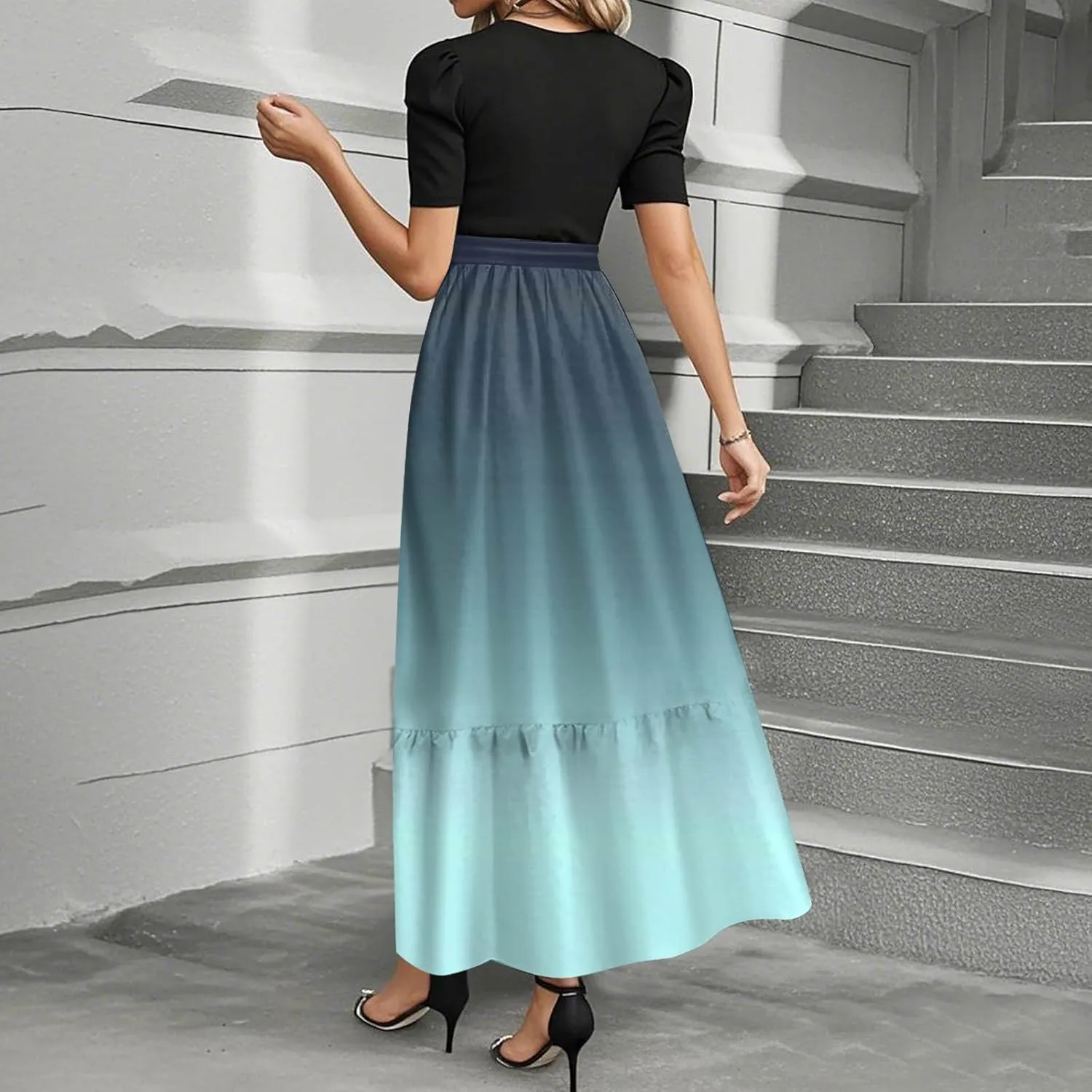 Summer Dresses for Women Tie Belted Elegant Dress Floral Print Flowy Short Sleeve Dress Patchwork Empire Waist Maxi Dress