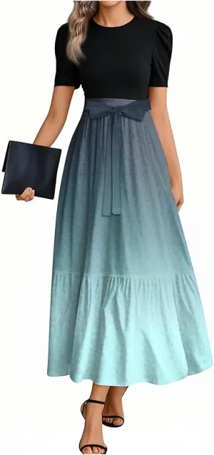 Summer Dresses for Women Tie Belted Elegant Dress Floral Print Flowy Short Sleeve Dress Patchwork Empire Waist Maxi Dress
