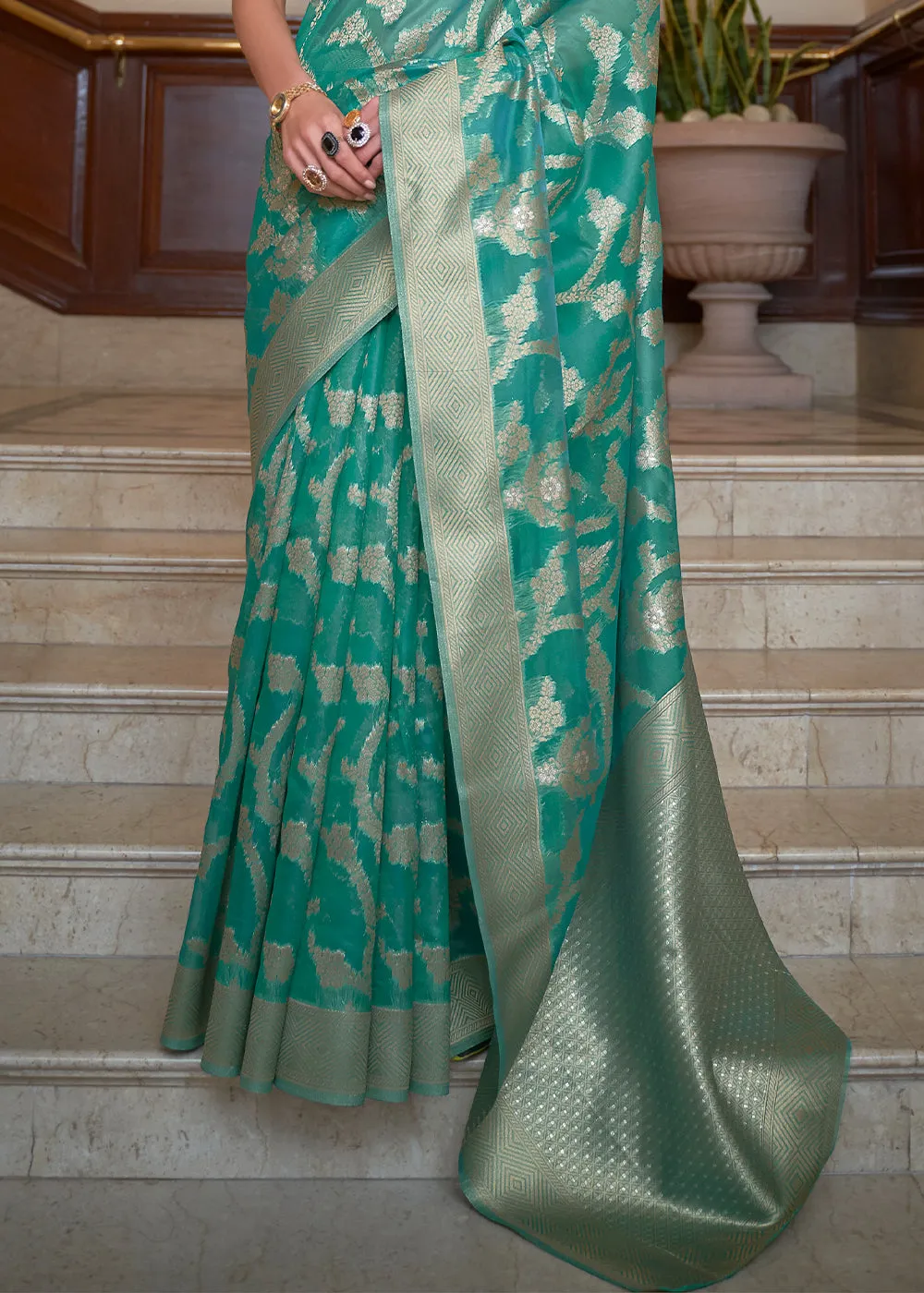 Tiffany Blue Green Two Tone Handloom Woven Organza Silk Saree