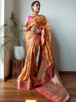 Tiger Orange Saree with Floral Print Paithani Silk