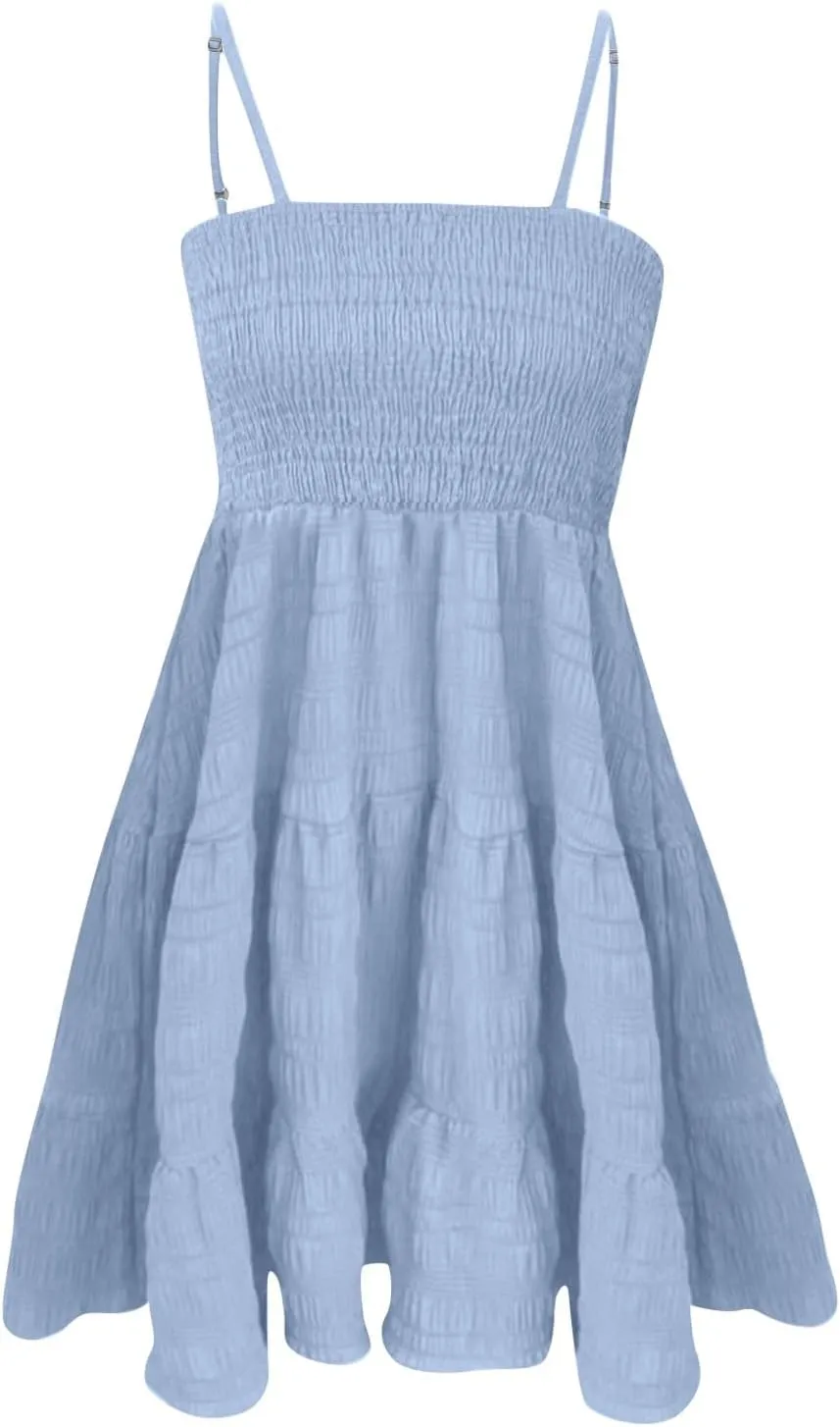 TWGONE Summer Dresses for Teens Spaghetti Strap Cute Short Mini Sundress Women Sleeveless Smock Cami Dress Date Night Outfit