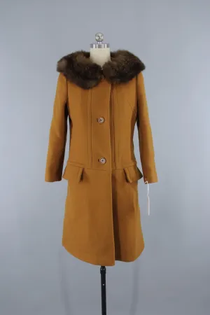 Vintage 1960s Caramel Brown Wool Coat with Fur Collar
