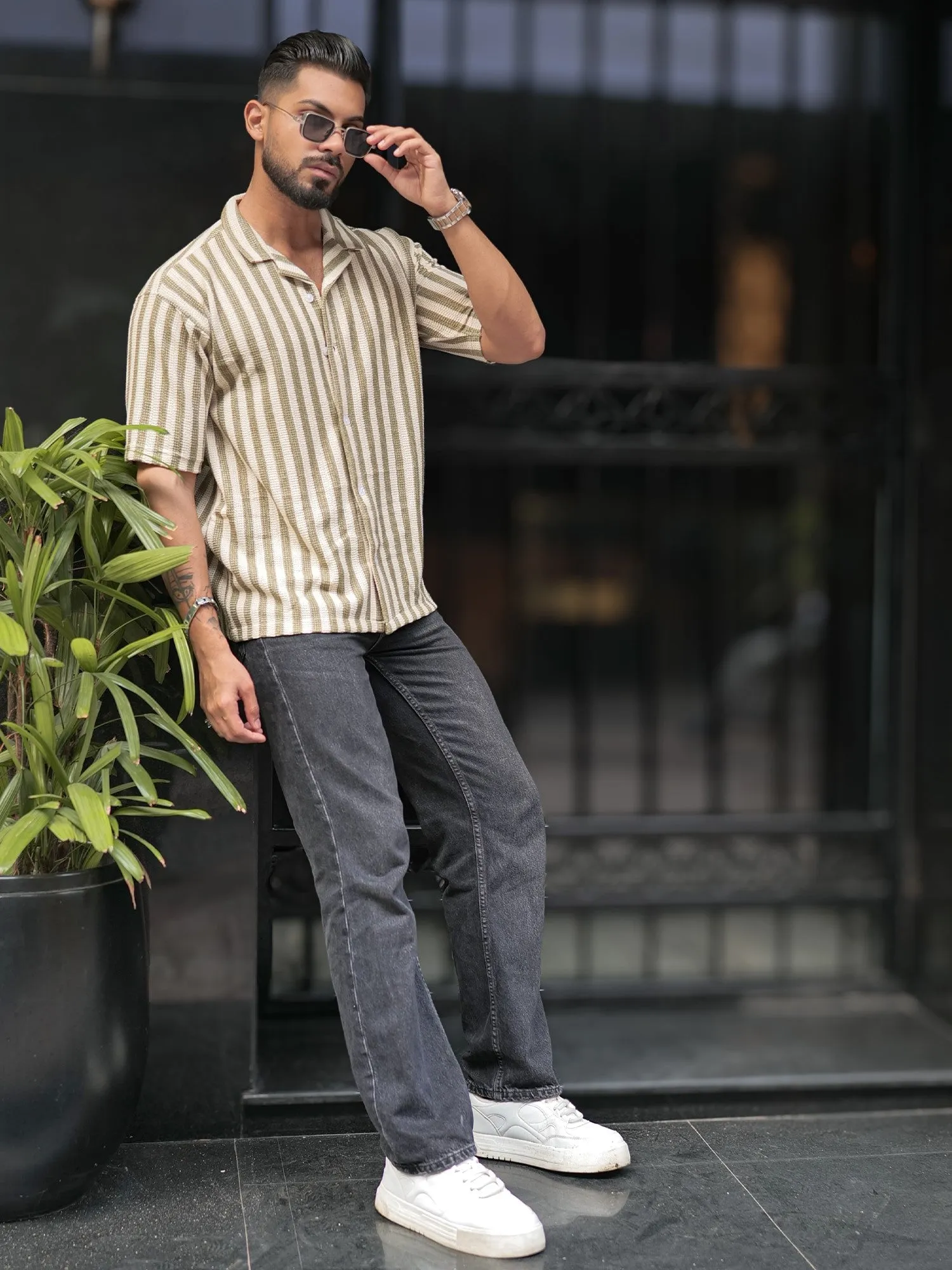 Waffle Flatknit Cotton Green Shirt