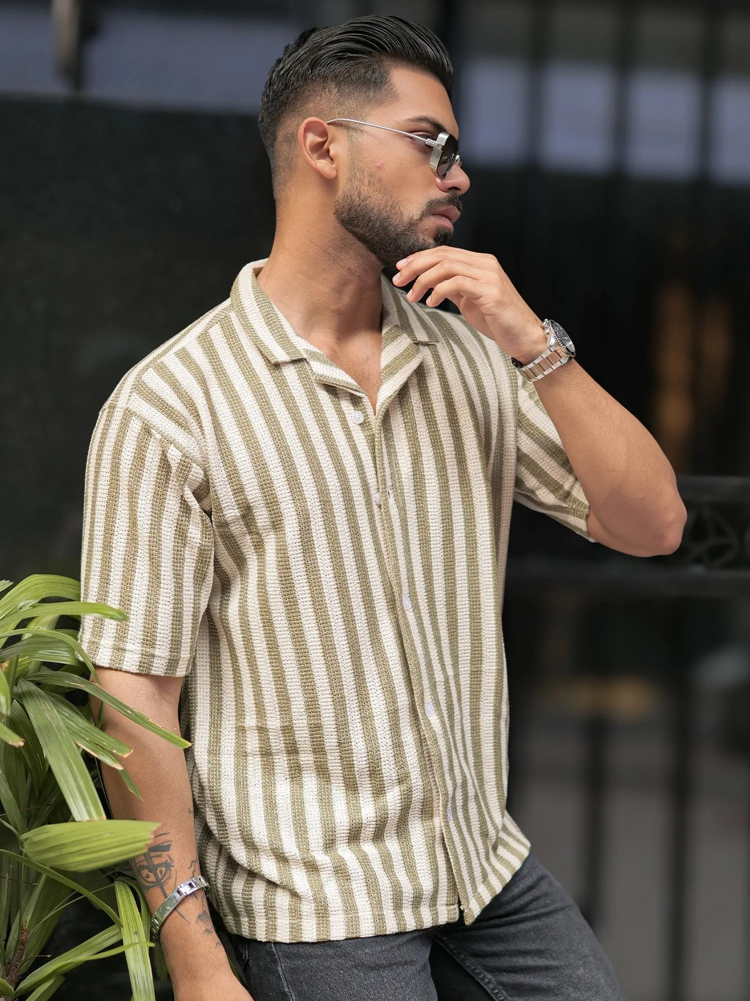 Waffle Flatknit Cotton Green Shirt