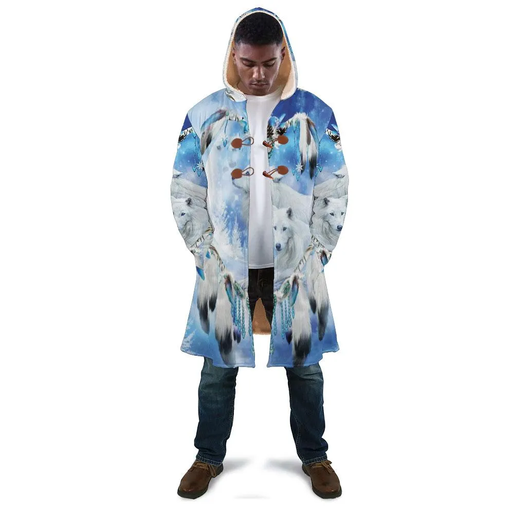 White Wolf Feather Horn Button Long Fleece Windbreaker WCS