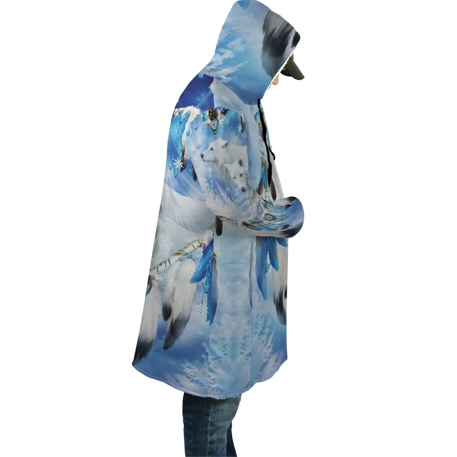 White Wolf Feather Horn Button Long Fleece Windbreaker WCS