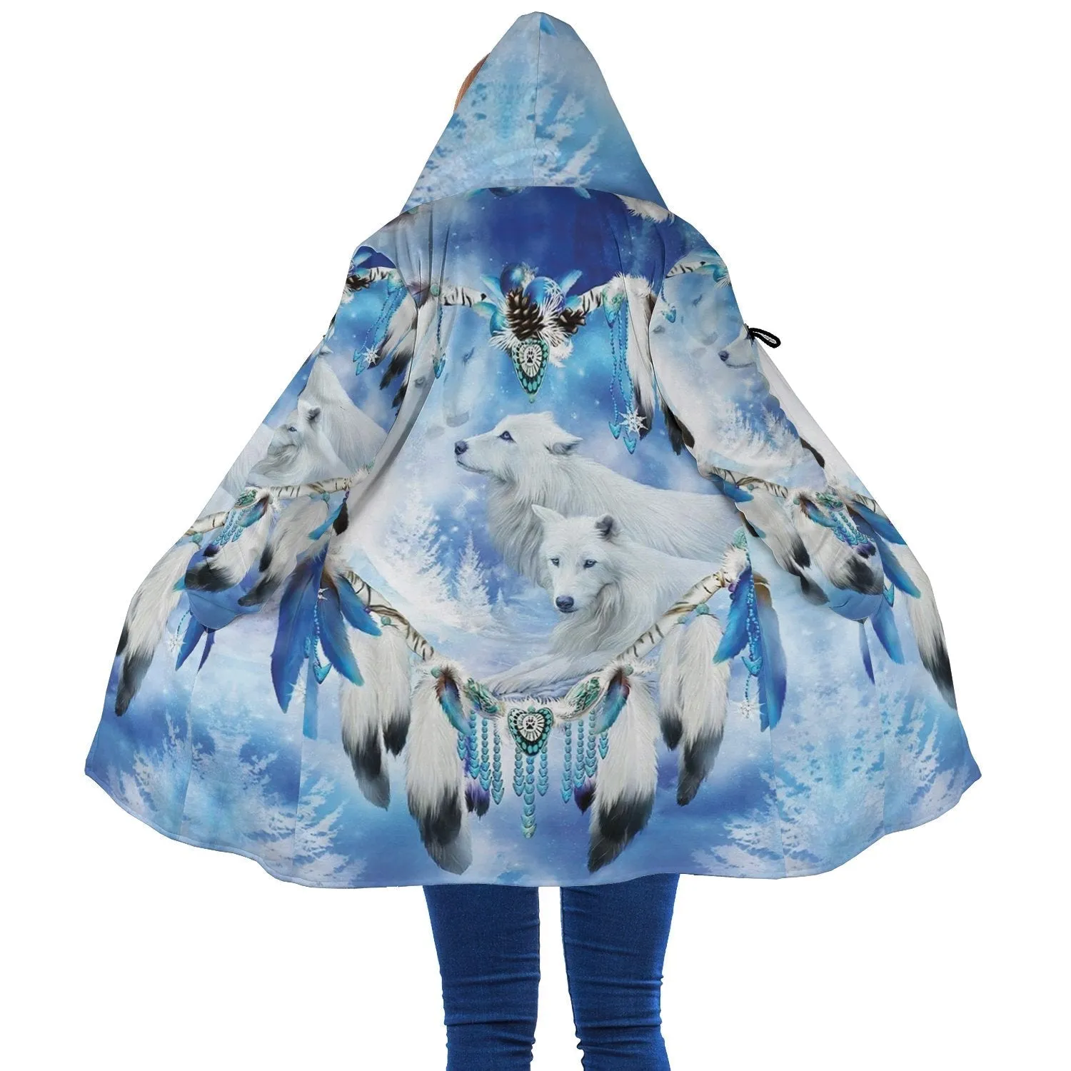 White Wolf Feather Horn Button Long Fleece Windbreaker WCS