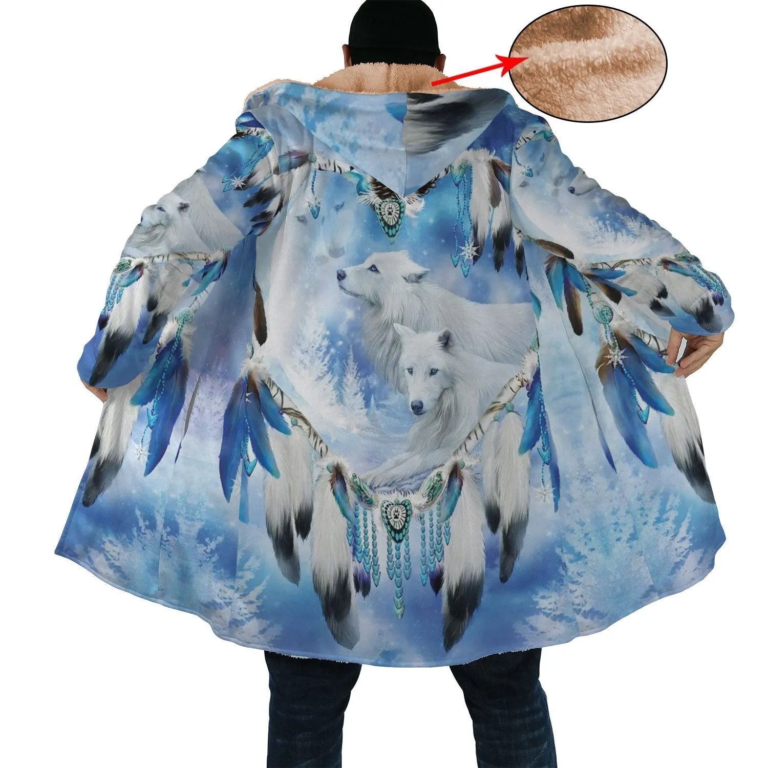 White Wolf Feather Horn Button Long Fleece Windbreaker WCS